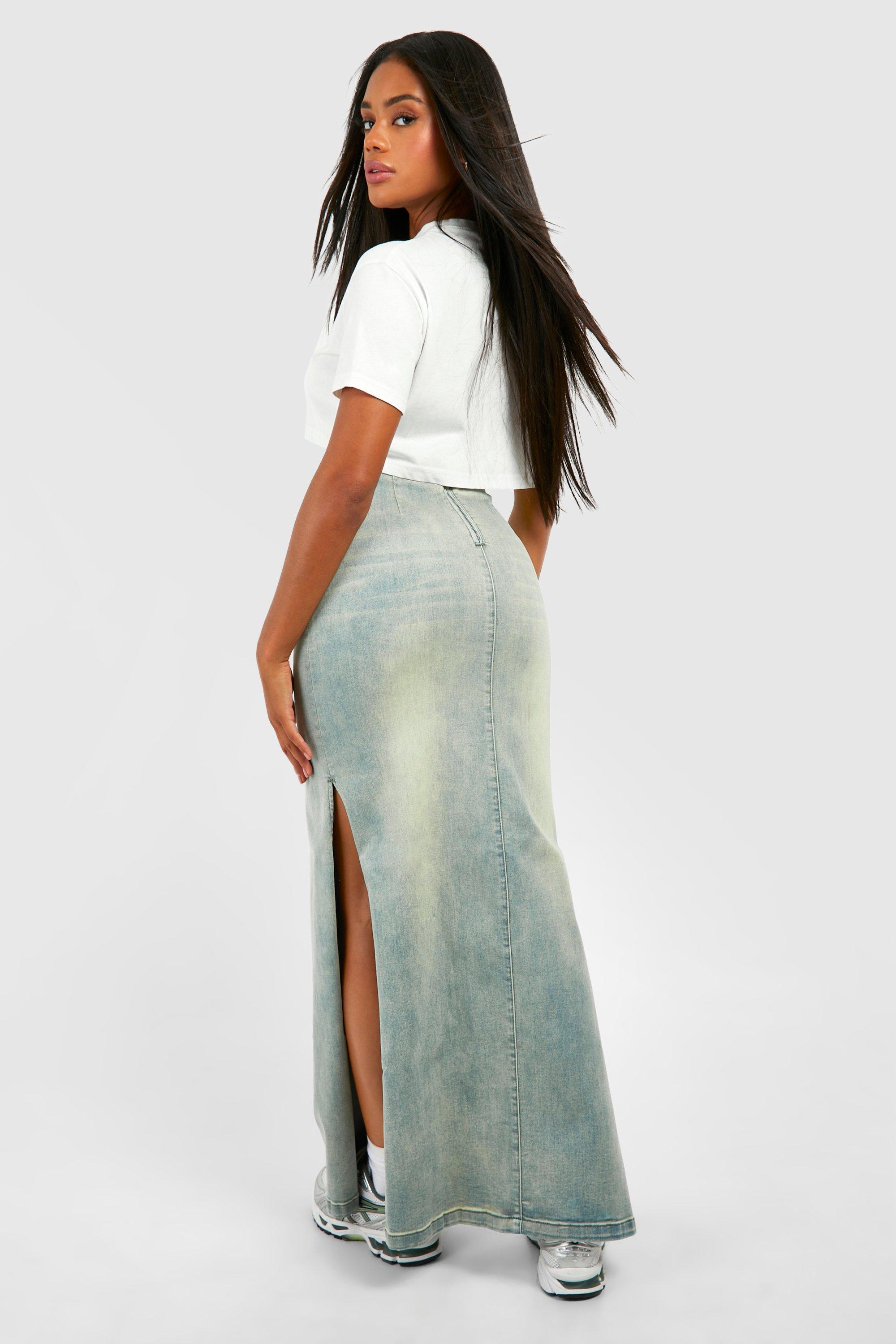 Vintage Wash Stretch Denim Side Split Maxi Skirt boohoo NO